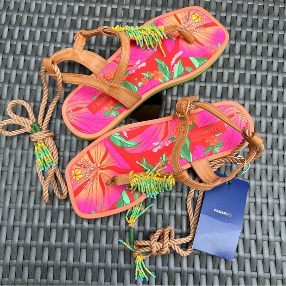 Farm Rio | NWT Size 7 Floral Pierre Beaded Flat Sandals - Picture 1 of 16